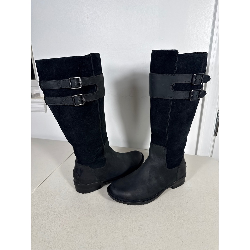 UGG Simmens Black Leather Suede Tall Moto Buckle Boots Womens Sz 8.5